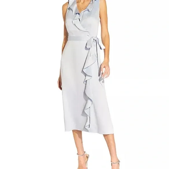 Adrianna Papell Pale Blue Ruffle Wrap Midi Dress NO BELT 16 - Picture 1 of 7